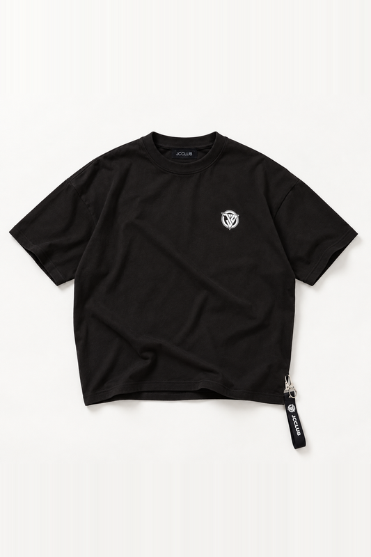 black tee flat lay